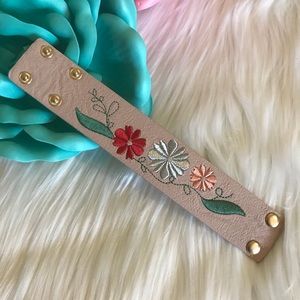 Faux leather embroidered wrist cuff - tan/blush
